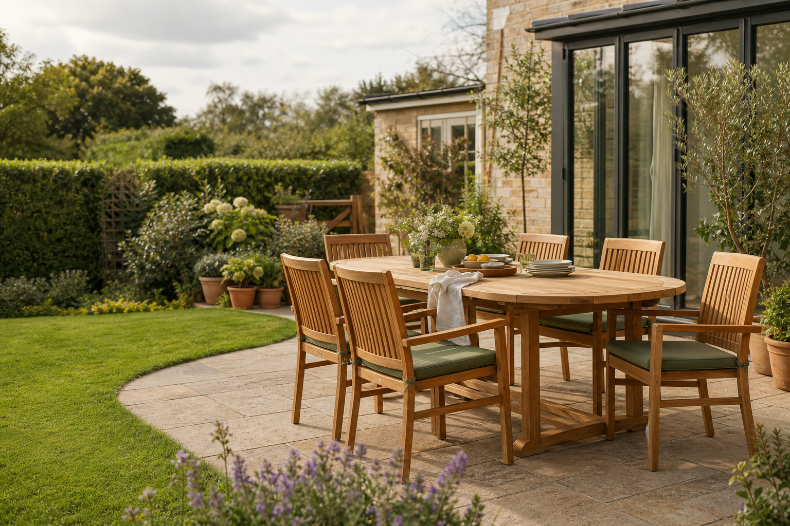 Wooden garden table sets, lounge seating and covers